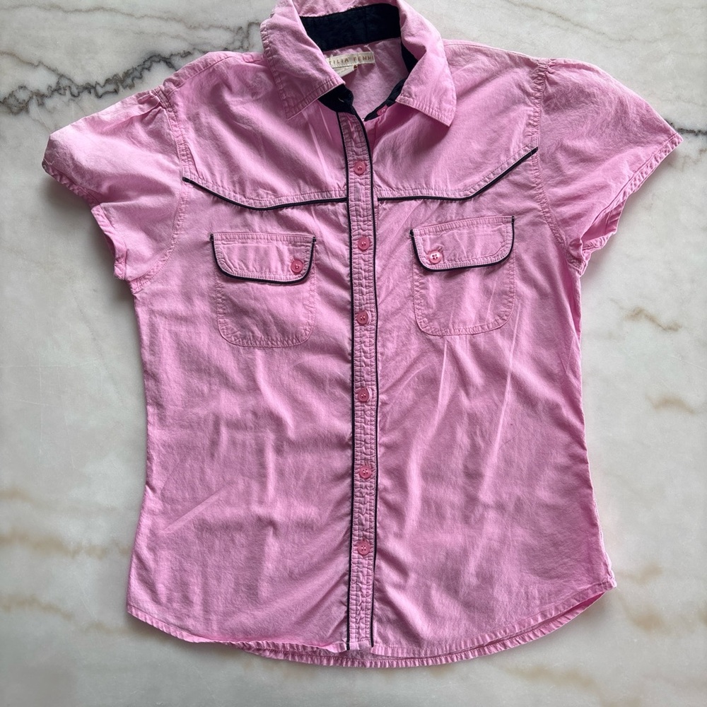 Antilia Femme Vintage Pink Western Short Sleeve Shirt Black Trim Size S
